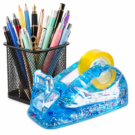 Desk Tape Dispenser,Clear Acrylic Glitter Tape Dispenser Desk,Non Slip