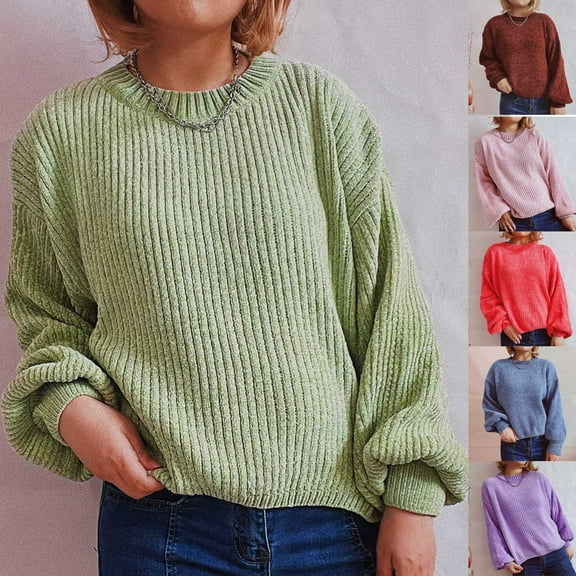 YHAJDS Women Casual Sweater,Pullover Sweaters for Women Knit Sweater Fall Sweaters for Women Solid Color Round Neck Long Sleeve Lantern Sleeve Casual Knit Sweater for Fall Winter