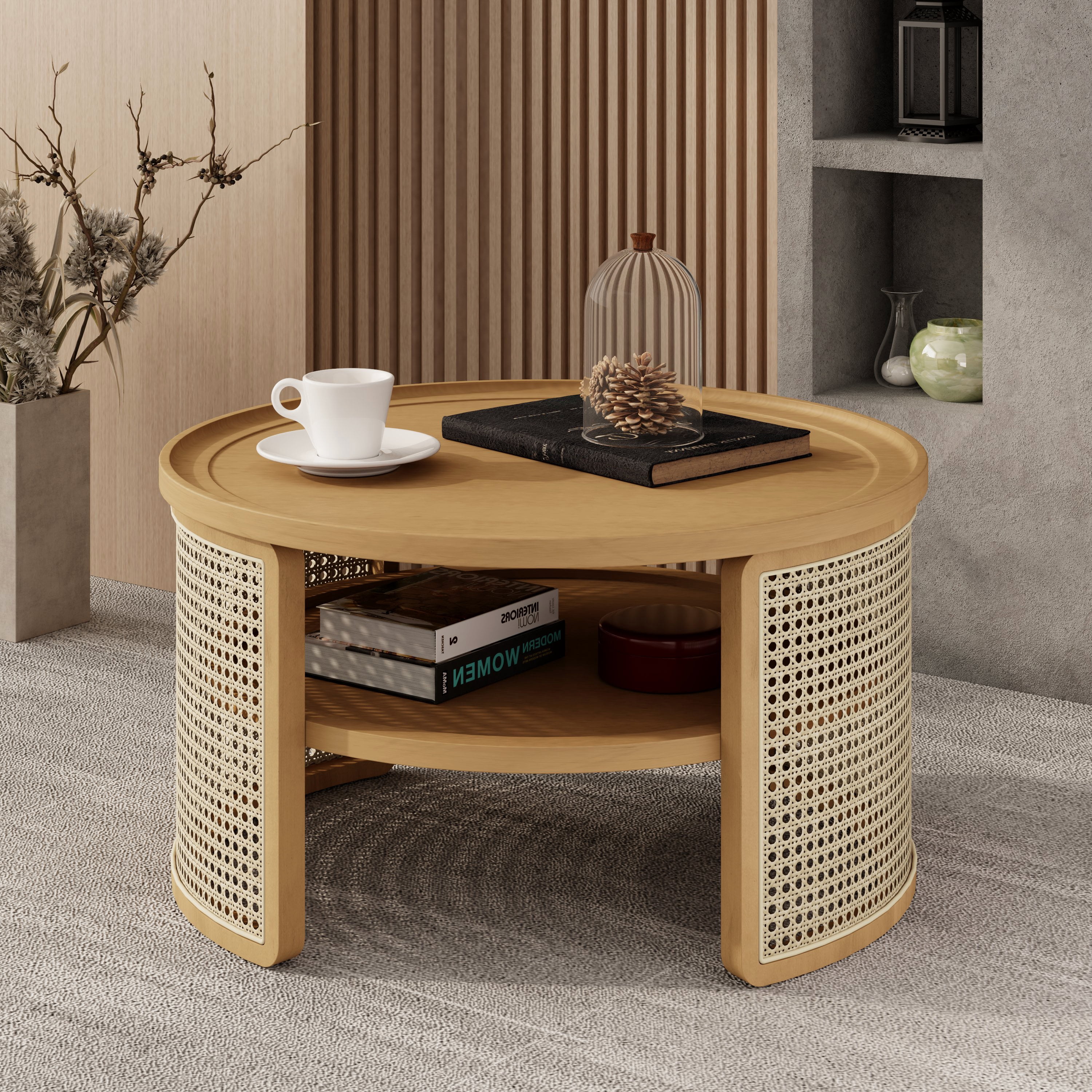 Euroco 2-Tiered Round Natural Wood Coffee Table with Storage Rattan Base in 31.3''