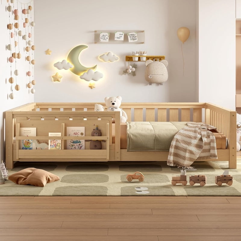 Bellemave Queen Size Floor Bed with Bookshelf, Wood Montessori Beds with Slats and Safety Guardrail, Low Profile Queen Bed Frame with Fence, No Box Spring Needed (Light Natural)