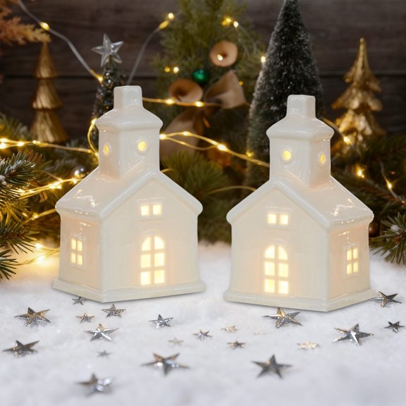 1Pc Christmas Day Ceramic Decorative Luminous Scene Decoration Ornaments, Figurines Miniature Statue Ornaments for Xmas Holiday Table Fireplace Decor, with Battery