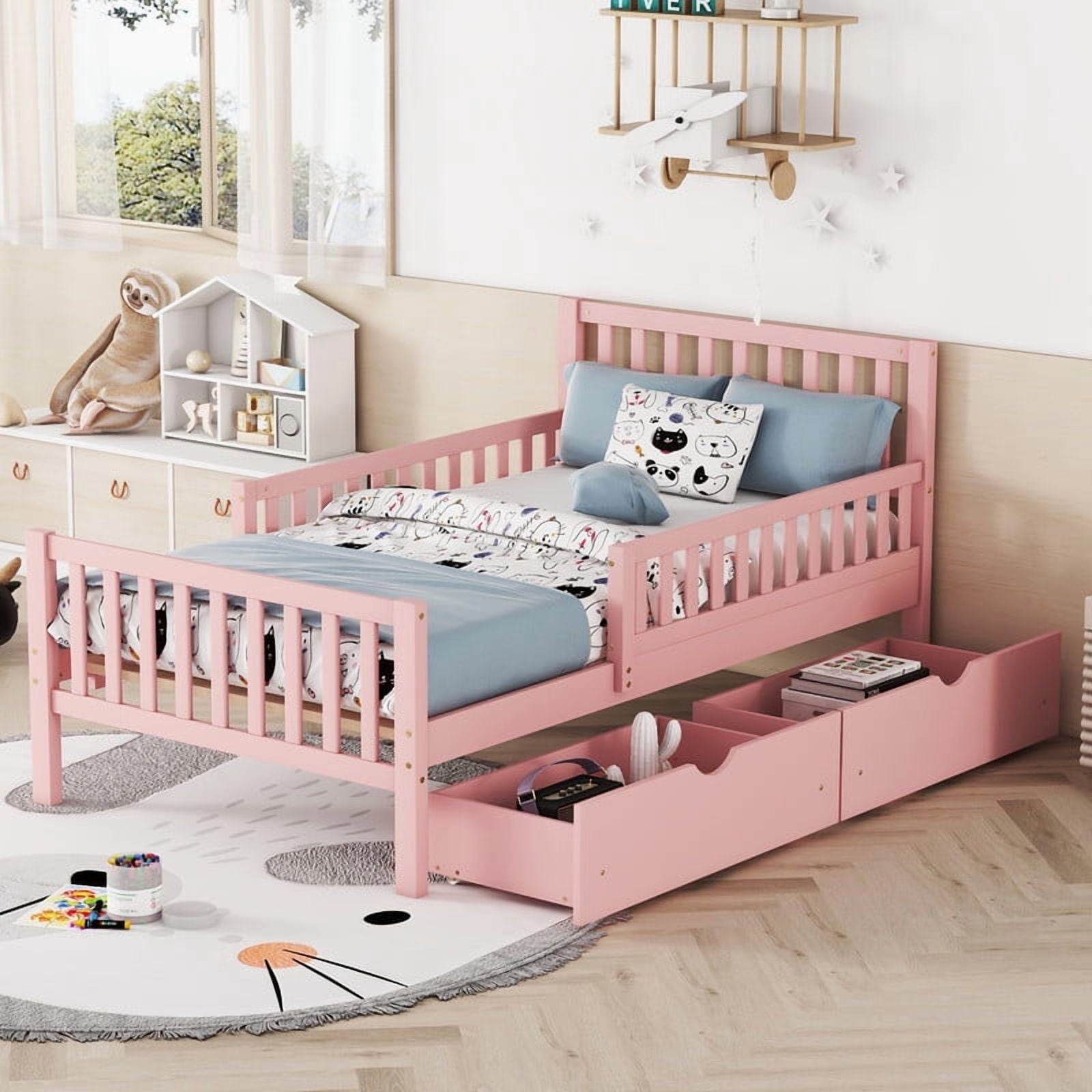 Mirightone Twin Bed Frame , Wood Twin Size Bed with Storage Drawers and Guardrails, Twin Bed Frame