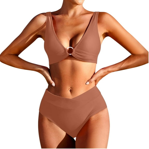 Hvot&aat Womens Sexy V Neck U Wired Ruched Push Up Bikini Hawaiian Tropical Solid Color Ruffle Bathing Suits Beachwear