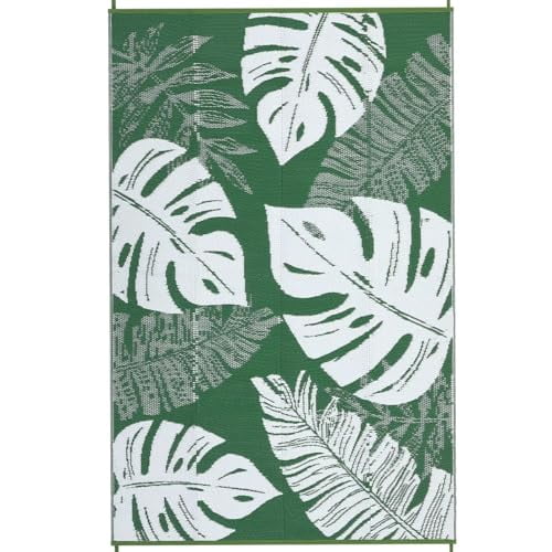 Ataucjin Large Outdoor Rug,8*12ft Waterproof Plastic Straw Rug, Modern Tropics Palm Leaves Camping Rug for Patio, Reversible Mat for Outside Patio RV Porch Deck Balcony