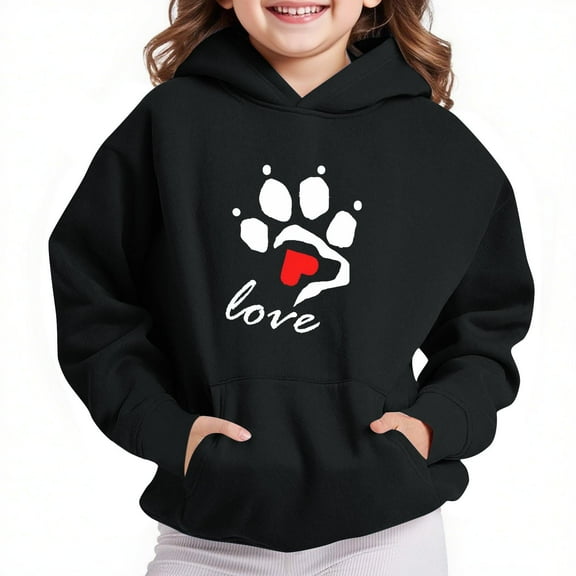 Thetops Big Girls 7T Pet Paw Print Hoodie with Love Motif - Black, Kangaroo Pocket, Machine Washable for Kids
