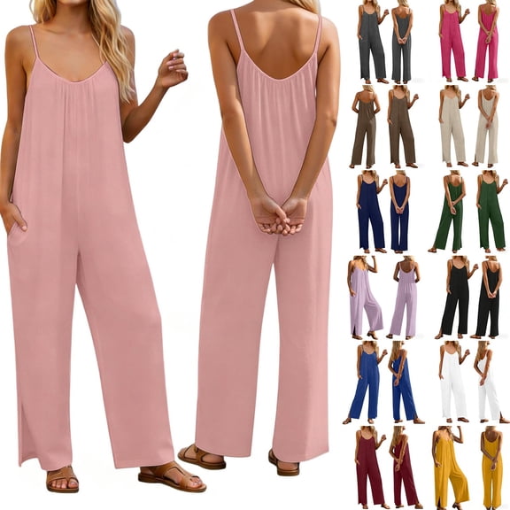 Women's Jumpsuit, Cotton Linen Sleeveless Overalls with Spaghetti Strap and Pocket, Casual Summer Romper and Beach Cover Up-Beige