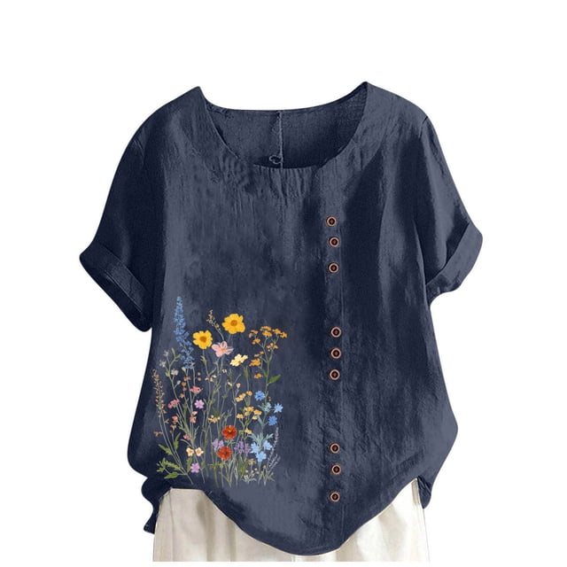 Vestidos Casuales Para Mujer, Blusas De Mujer De Moda Blusa informal de lino con botones y manga corta estampada para mujer