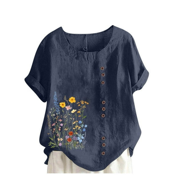 Vestidos Casuales Para Mujer, Blusas De Mujer De Moda Blusa informal de lino con botones y manga corta estampada para mujer