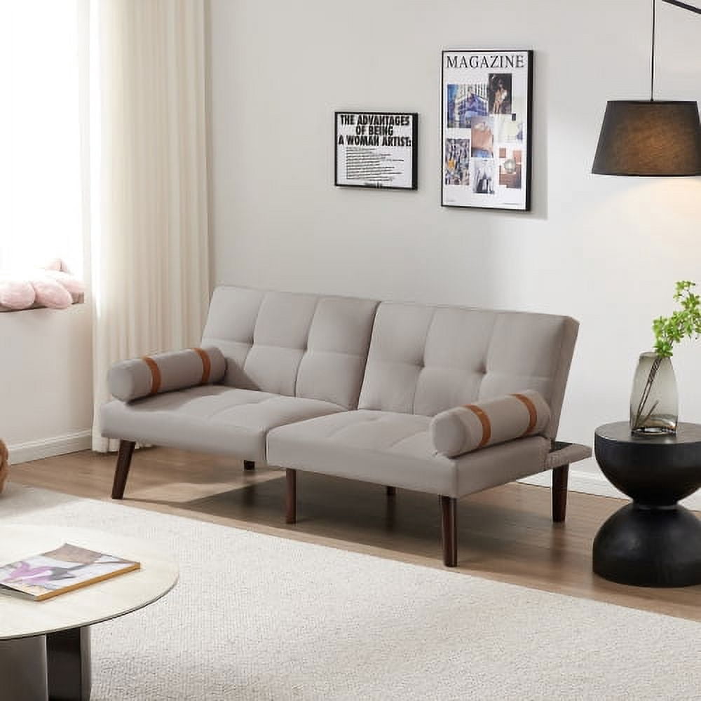 Leumius Modern Futon Sofa Bed, Convertible Folding Recliner Couch with Solid Wood Legs, Light Gray