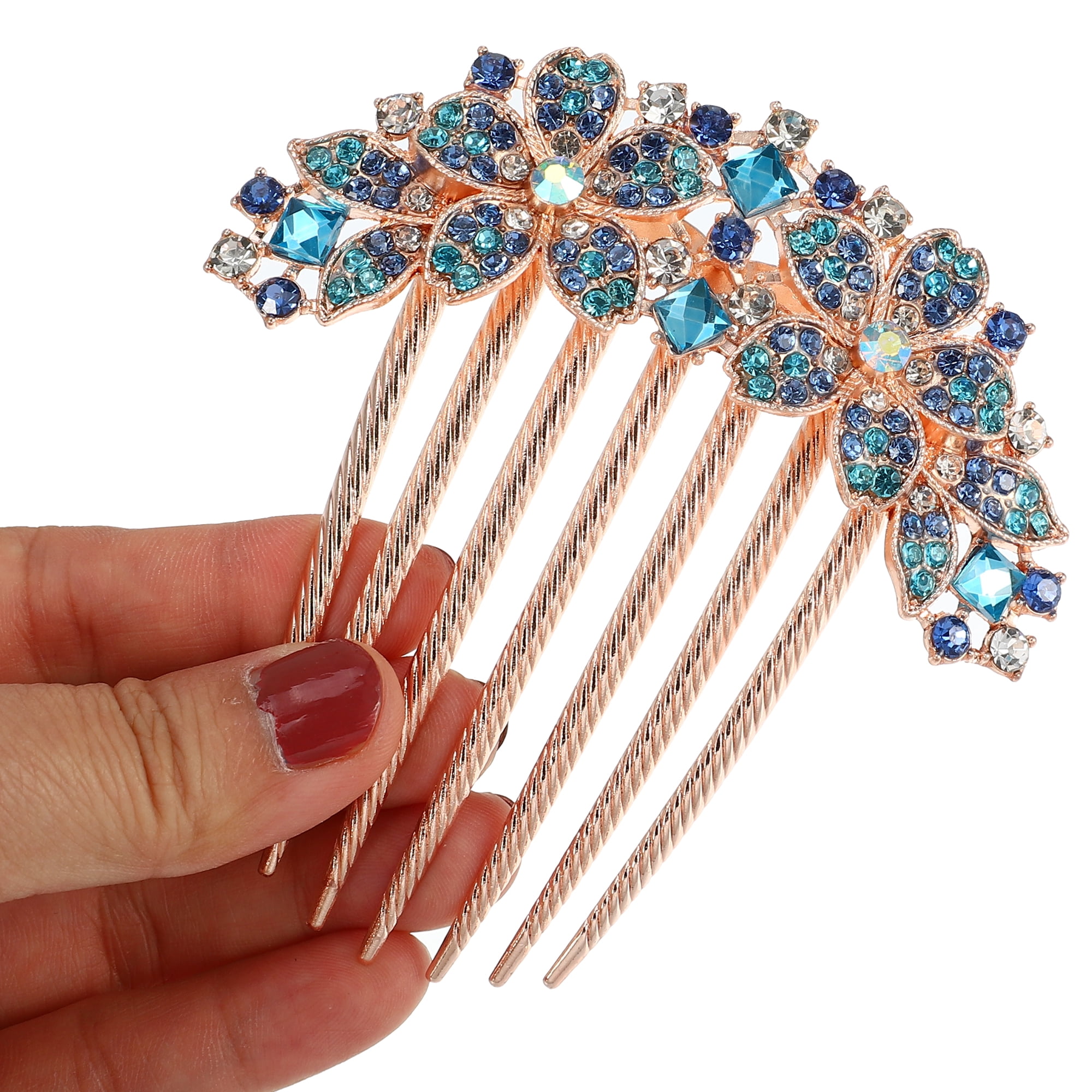 Unique Bargains Women Rhinestone Inlaid Flower Hair Comb Blue