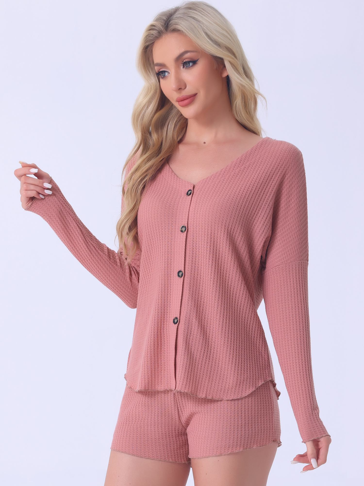 DARING DIVA Women's Waffle Knit Pajama Sets Lounge Set Long Sleeve Top Pink S
