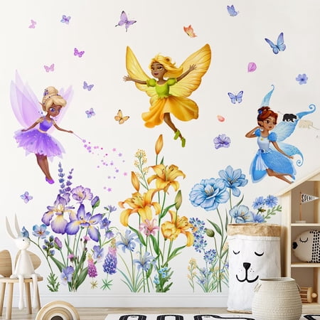 Flower Fairy Wall Stickers Butterfly Girl Wall Decals Removable Art Sticker Peel and Stick for Girls Baby Nursery Kids Bedroom Living Room Bathroom