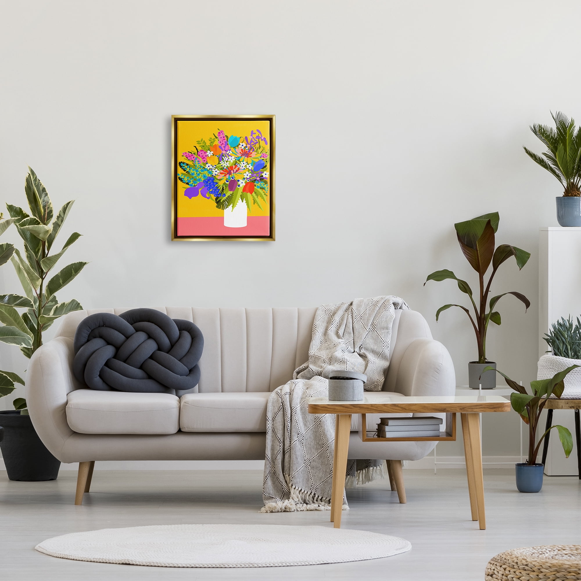 Stupell Industries Bouquet on Yellow Botanical & Floral Painting Gold Floater Framed Canvas Art Print Wall Art, 17 x 21