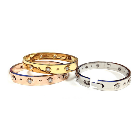 Zirconmania - Classic Stainless Steel Wide Hinged High Polished Bracelet Bangle, Zirconite Cubic Zirconia Bezel Settings Stations, Easy Locking Clasp