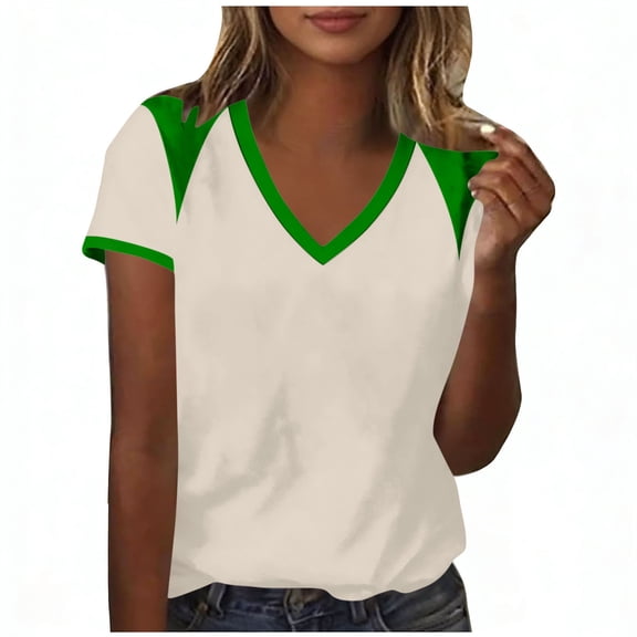 Dvprdro Womens Short Sleeve V Neck Tops Color Blocked Print Blouses Casual Summer T Shirts