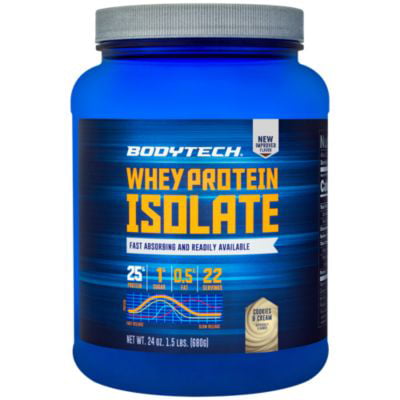 BodyTech Whey Protein Isolate Powder  With 25 Grams of Protein per Serving  BCAA's  Ideal for PostWorkout Muscle Building  Growth, Contains Milk  Soy  Cookies  Cream (1.5