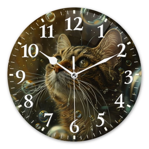 Non-Ticking Silent Wall Clocks Battery Operated Personalized Decor Clock for Living Room,Bedroom-Painting Of Shiny Cat In Bubbles(10inch)