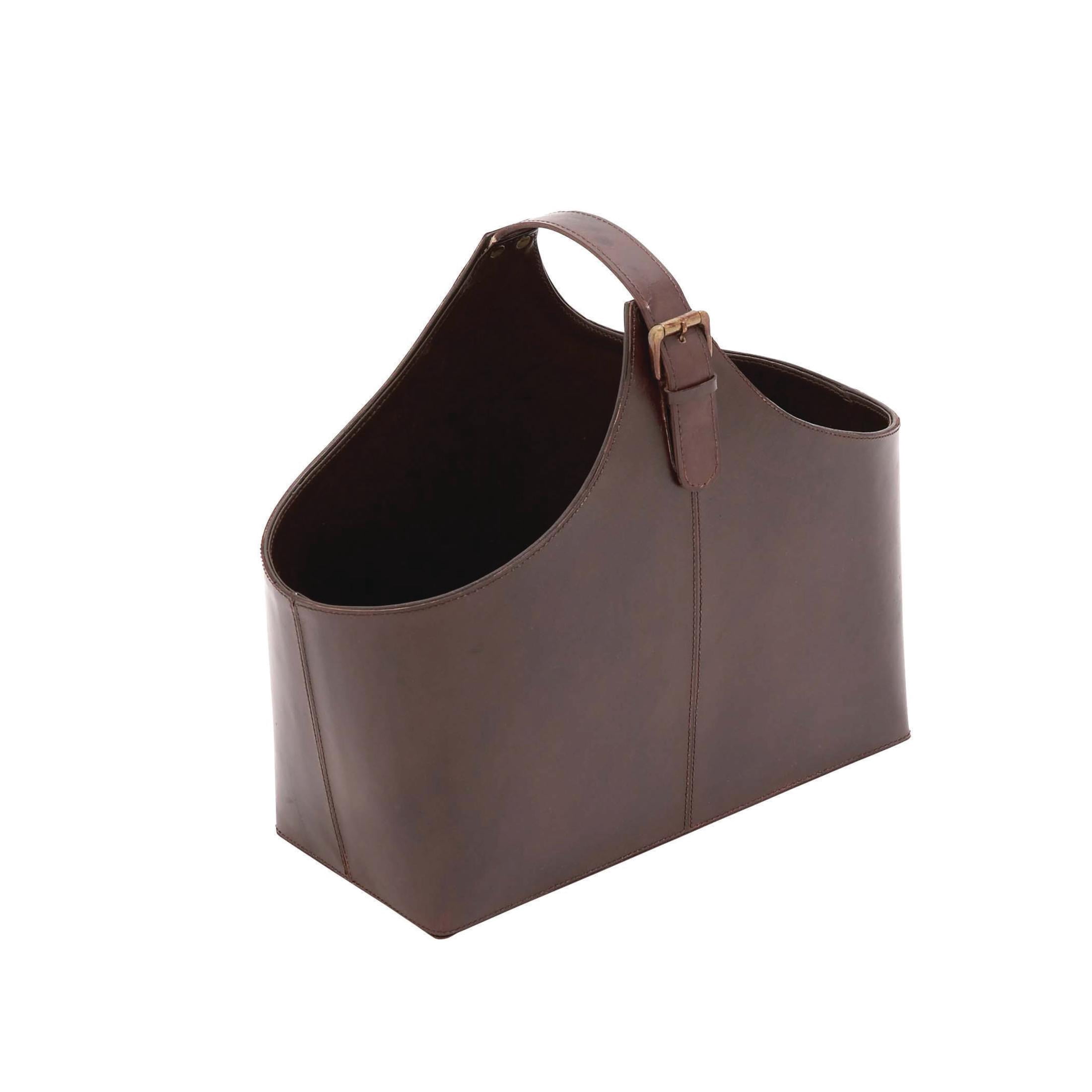 DecMode 15" Dark Brown Leather Handmade Box Style Magazine Holder with Detail Stitching and Curved Buckle Handle