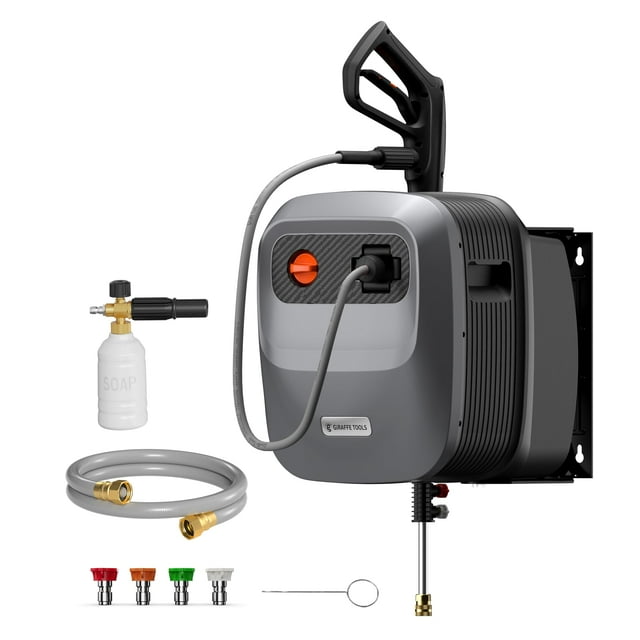 Hidrolavadora Giraffe Tools Grandfalls G20 Pro, 2500 PSI, 2.2 GPM, 180°, montaje en pared, autorretráctil, con carrete de manguera de 65 pies, 5 boquillas para pisos, autos, cercas y patios, color pla