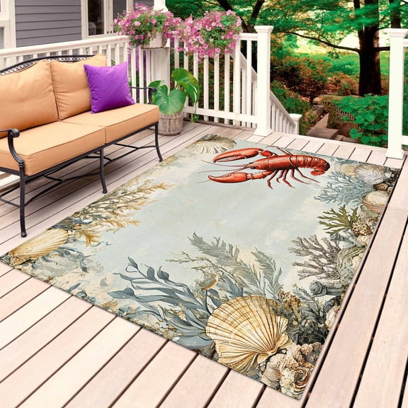 Coastal Beach Outdoor Rug 3x5 Ft, Non Slip Washable Area Rug, Lobster Beach Coral Shell Nautical Retro Patio Rugs Carpet Runner, Large Floor Mat for Indoor/Outdoor Deck Porch Camping