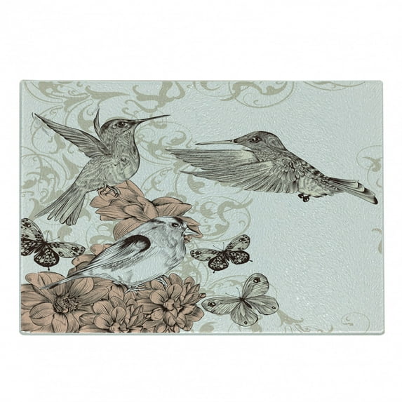 Hummingbird Cutting Board, Vintage Style Art with Birds Butterflies on Blossoms Ornamental Background, Decorative Tempered Glass Cutting and Serving Board, Small Size, Brown Tan, by Ambesonne