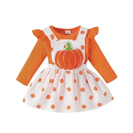 

YTIANH Girls Long Sleeve Romper Bodysuits Cartoon Pumpkin Embroider Suspenders Skirts Outfits Orange 3-6 Months