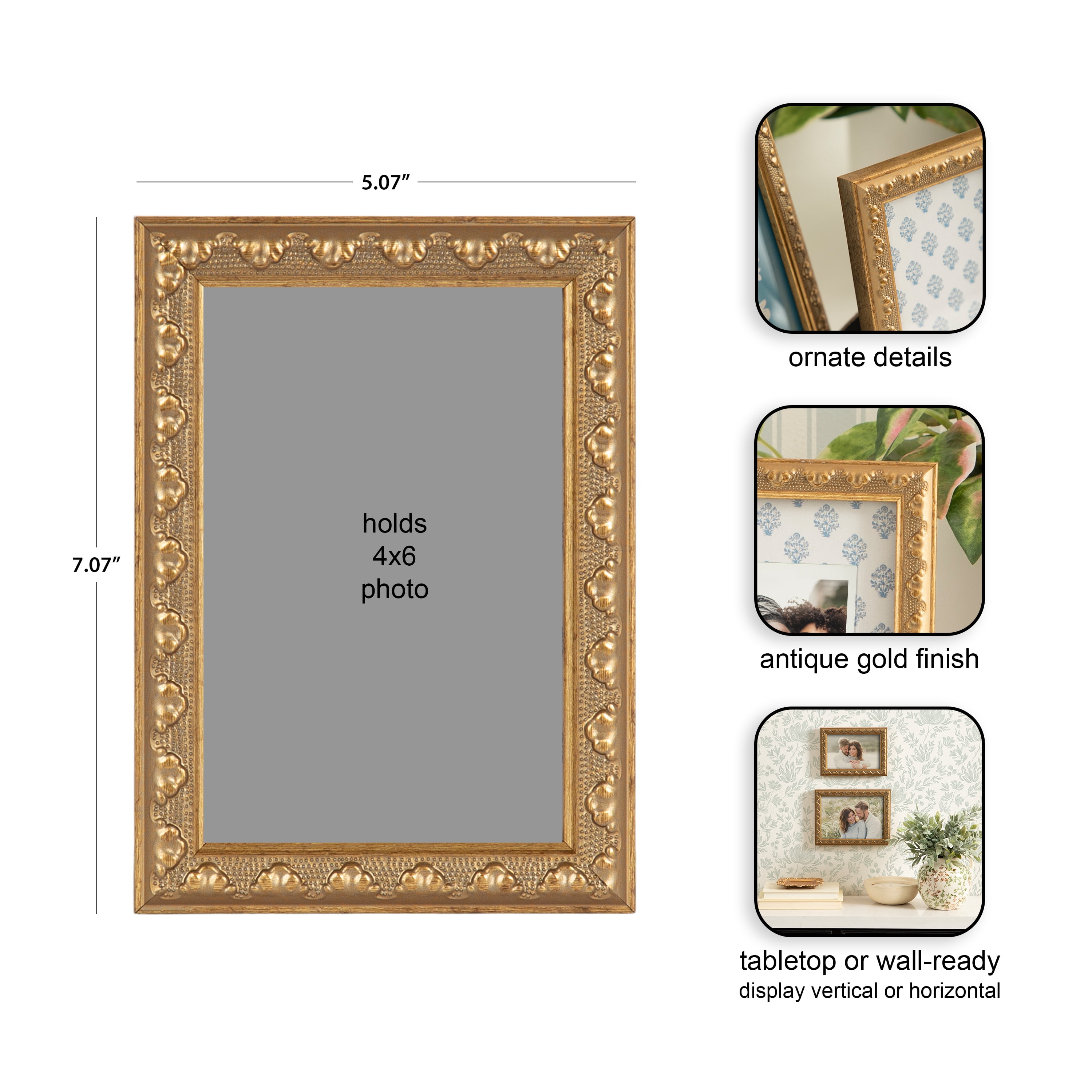 DesignOvation – 4x6 Picture Frame – Slim Ornate Antique Gold Tabletop Photo Frame