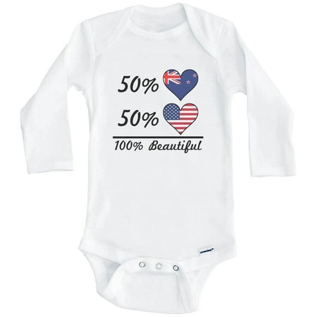 

50% Kiwi 50% American 100% Beautiful New Zealand Flag Heart One Piece Baby Bodysuit (Long Sleeve) 6-9 Months White