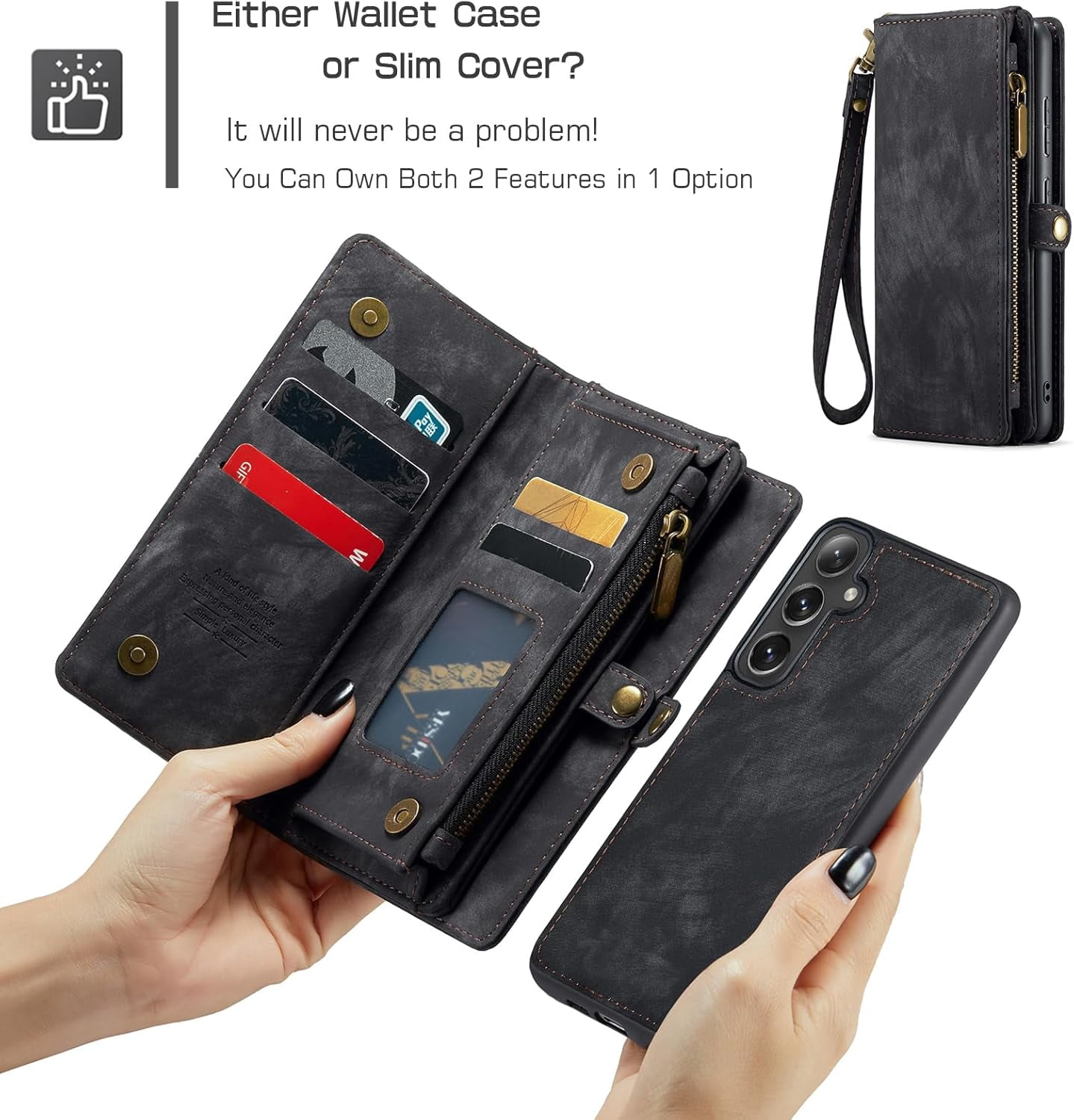 Phone Case for Samsung Galaxy S24 5G Zipper Wallet Detachable Cover with Tempered Glass Screen Protector and Leather Flip Credit Card Holder Cell Accessories S 24 24S GS24 G5 Women Men Black