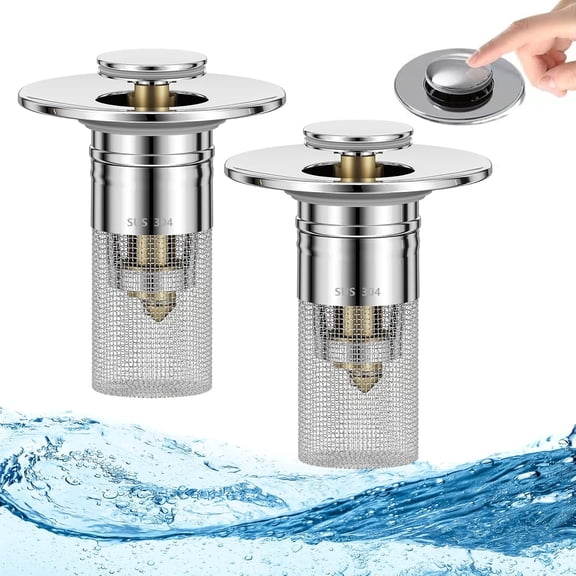 2 Pack Pop Up bathroom sink drain strainer with Hair Catcher, Stainless Steel Drain Filter for Sink, Universal Fit Sink Plug Replacement for Bathroom Drain Strainer