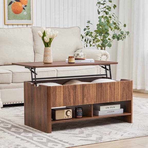 Lift Top Coffee Table with Hidden Storage and Open Shelf, Mid Century Modern 35.4" Fluted Rectangle Center Table with 2 Compartments & Cabinet-Walnut