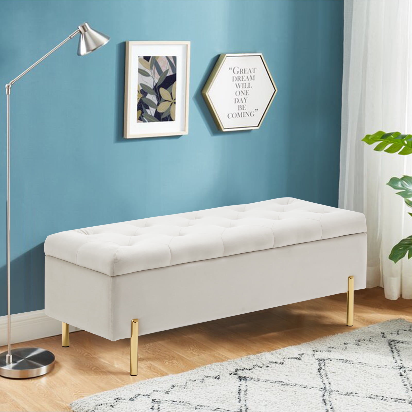 Velvet Storage Ottoman Bench, End of Bed Bench Upholstered Storage Bench for Bedroom Entryway Living Room, Ivory