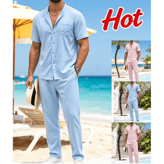 Men Cool Breathable Texture 2 Piece Outfit Short Sleeve Lightweight Beach Mandarin Collar Button Down Shirt Casual Loose Pant Sets with Pocket Sizes S-2XL Pink