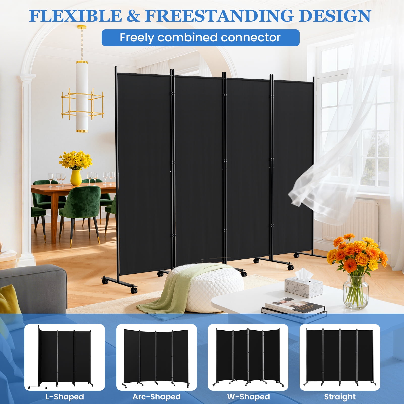 SUNALLY Rolling Room Dividers 6FT 4 Panel, Folding Privacy Screens with Lockable Wheels, 88" W Portable Wall Divider Room Separation for Porch Living Room Dorm Studio Office, Black