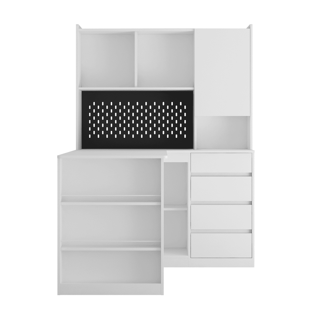 Tcbosik L-Shaped Corner Desk with LED Lights and Charging Station, Computer Desk with Hutch, Bookshelf & Pegboard, Writing Table with Shelf, Door and 4 Drawers for Home Office, White