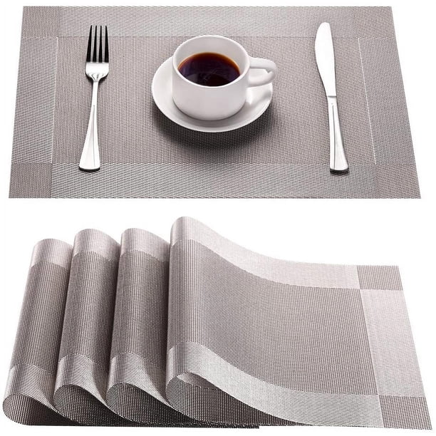 Manteles individuales, manteles individuales de vinilo tejido de PVC, color gris plateado, lavables, antideslizantes, resistentes al calor, para mesa de comedor de cocina, Acción de Gracias y