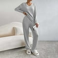 thumbnail image 2 of felwors Lounge Sets for Women Long Sleeve Knit Ribbed Pajama Sets 2 Piece Loungewear with Pockets Grey, XL, 2 of 4