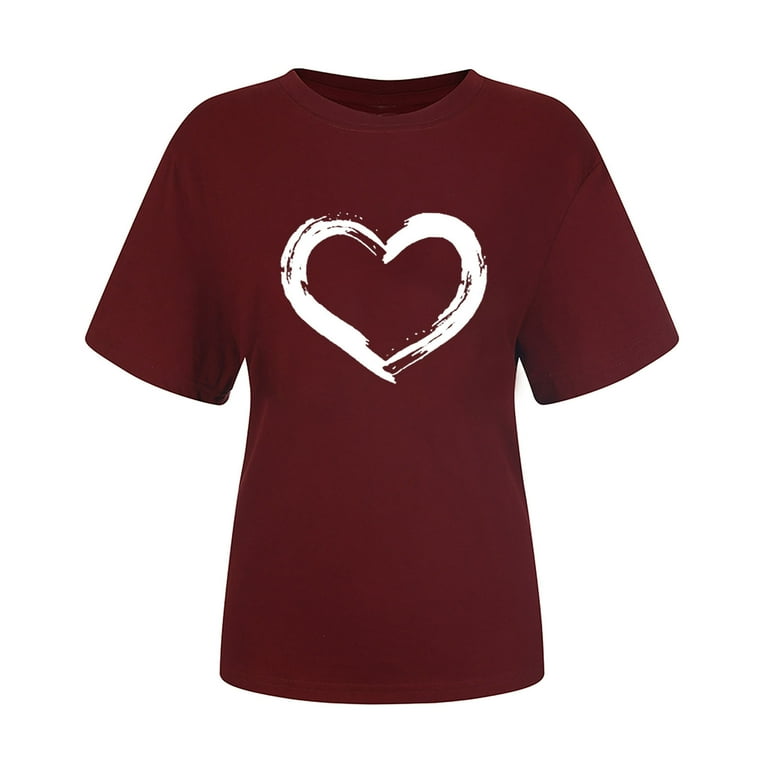 Cotonie Women Short Sleeves Crewneck Heart-shaped Print Casual Tops Blouse  T-shirt Big Sale M