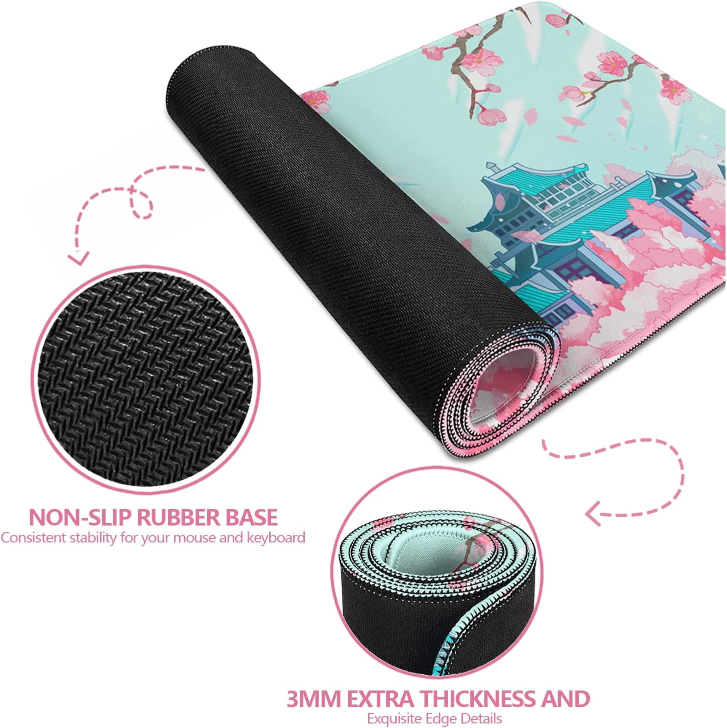 31.5x15.7in Japanese Cherry Blossom Mouse Pad Pink Mousepad No Slip Rubber Base Extended Desk Mat for Office Work Home Writing Gaming