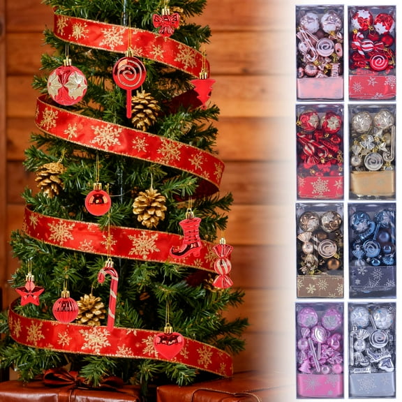 30PC Christmas Ornament Set, 30-Piece Holiday Decorations, Assorted Shapes with Ribbons, Festive Tree Decor for Home
