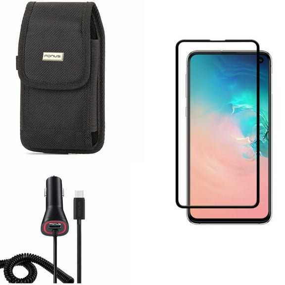 Galaxy S10e Case Belt Clip w Quick Car Charger w Screen Protector - Rugged Holster Canvas, Type-C Power Adapter, Tempered Glass 5D Curved Edge for Samsung Galaxy S10e Phone