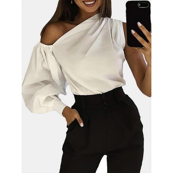 Celmia Women Casual Lantern Sleeve Asymmetrical Leaking Shoulder Top
