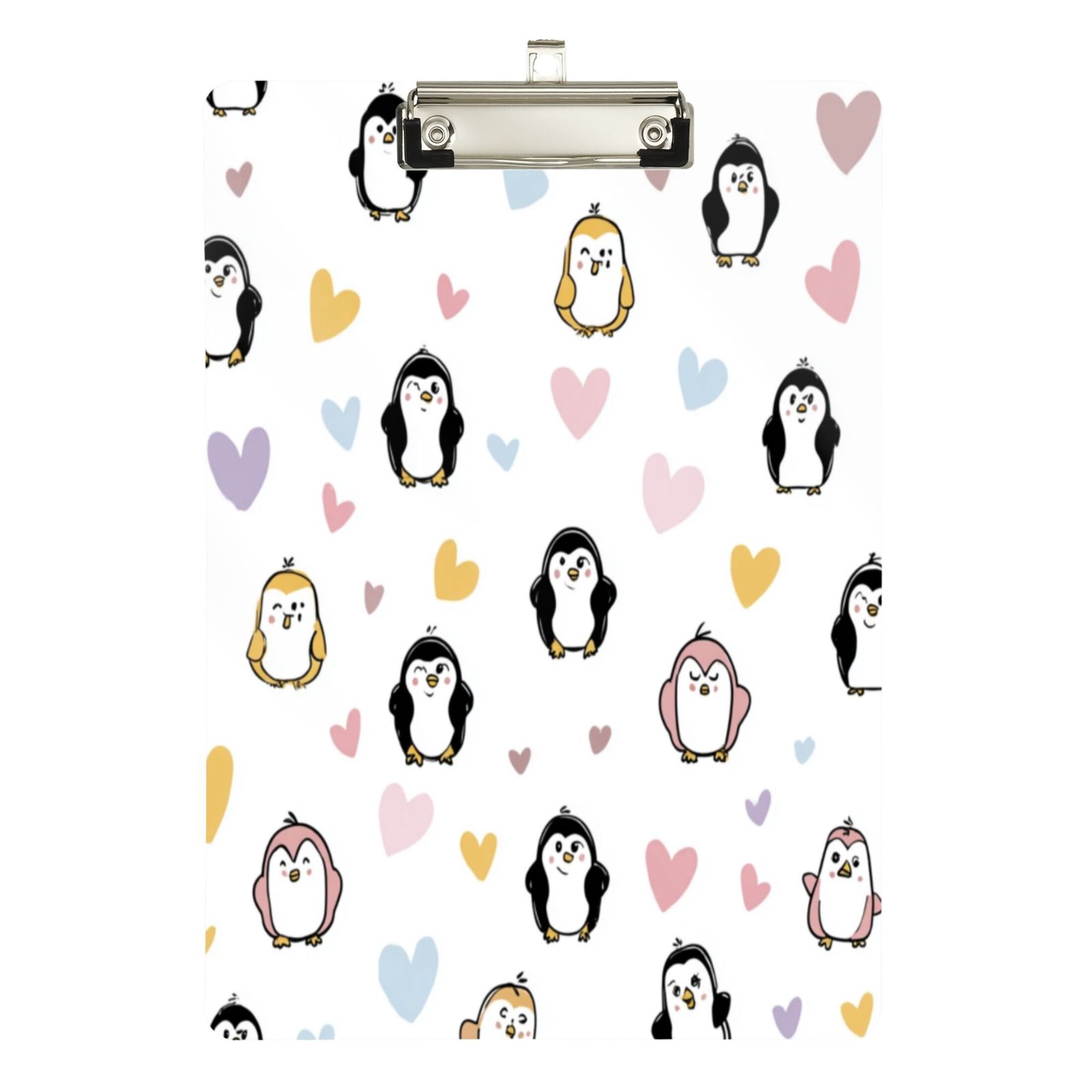 12.5 x 9 Acrylic Clipboard with Silver Clip & Retractable Hook for Office Classroom Home Cute Penguins and Heart Pattern