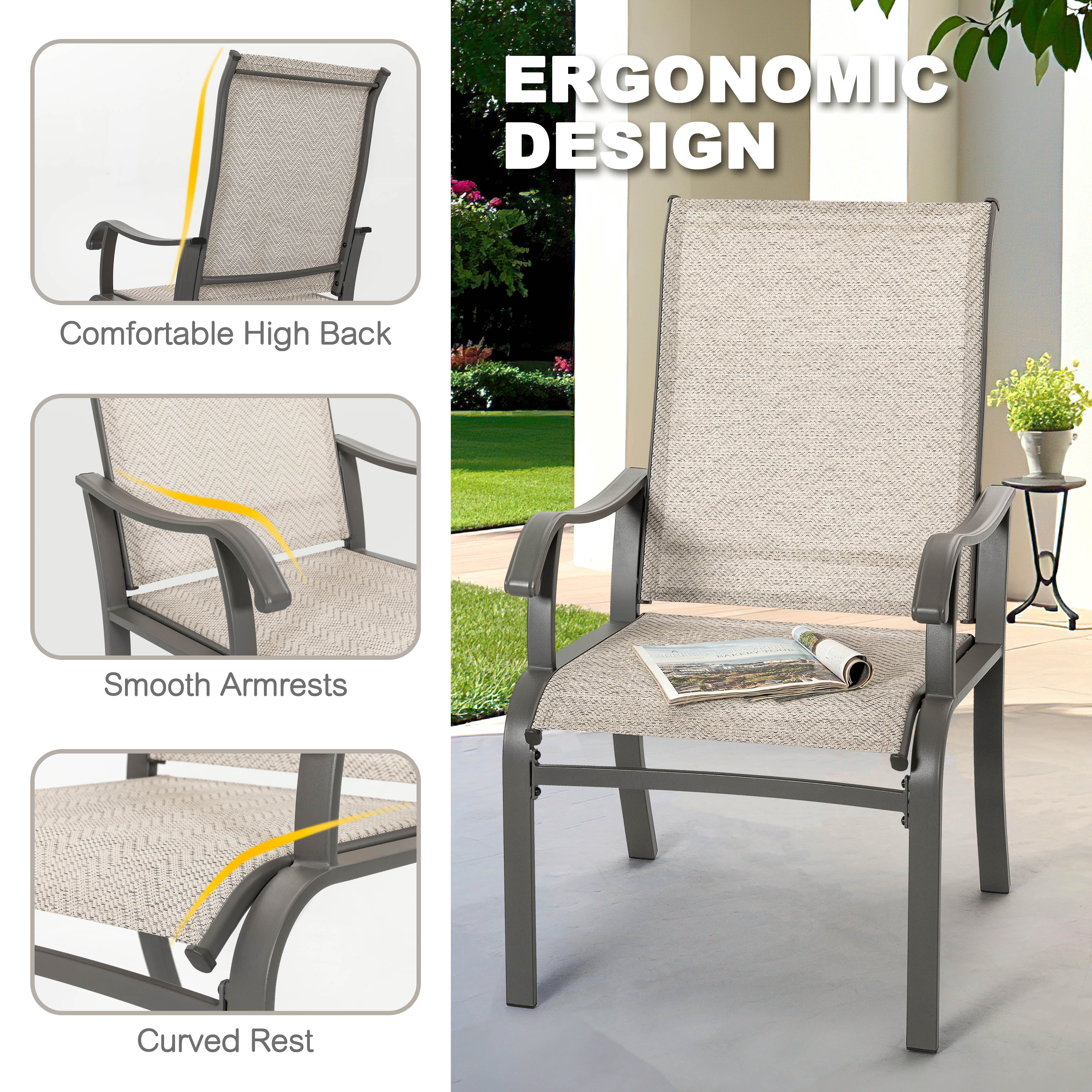 Nuu Garden Outdoor Dining Chairs Set of 2, Patio Dining Furniture Set with Powder-Coated Frame, Weather-Resistant Metal Dining Chairs with Textilene High Back and Wider Seat for Outside, Beige