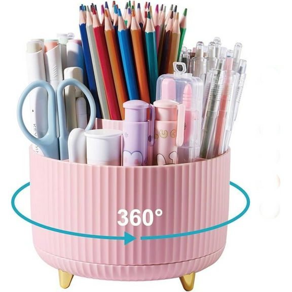 GIXUSIL Desk Organizer, 360-Degree Rotating Pen Holder, Desk Accessories with 5 Compartments Pencil Organizer, Art Supply Storage Box Caddy for Office Home (Pink)