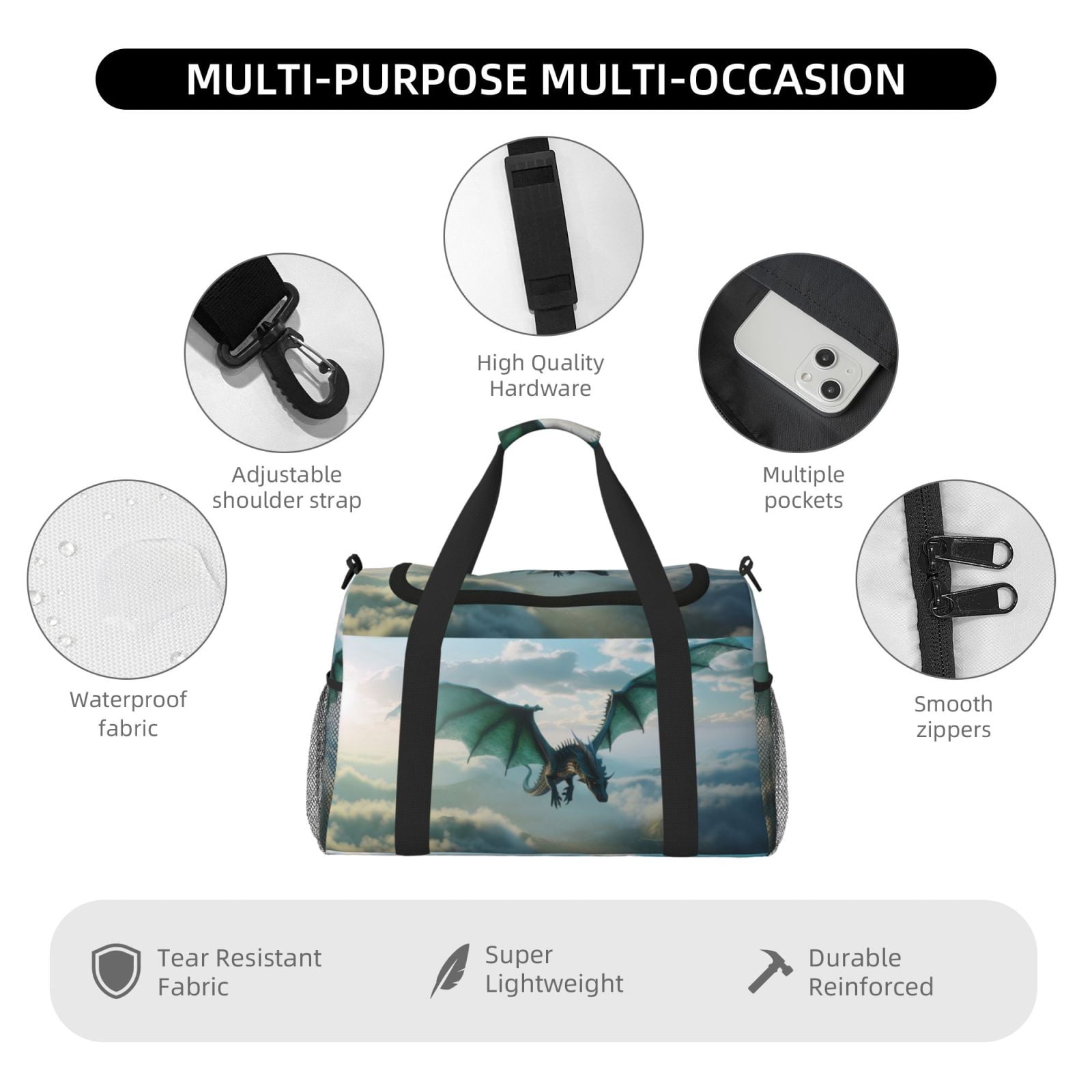 Fuzoiu Cloud Sky Green Dragon Print Travel Duffle Bag,Carry On Tote Bags,Duffel Bag,Sport Gym Bag, Hospital Bag for Labor and Delivery, Overnight Bag,Luggage Bag