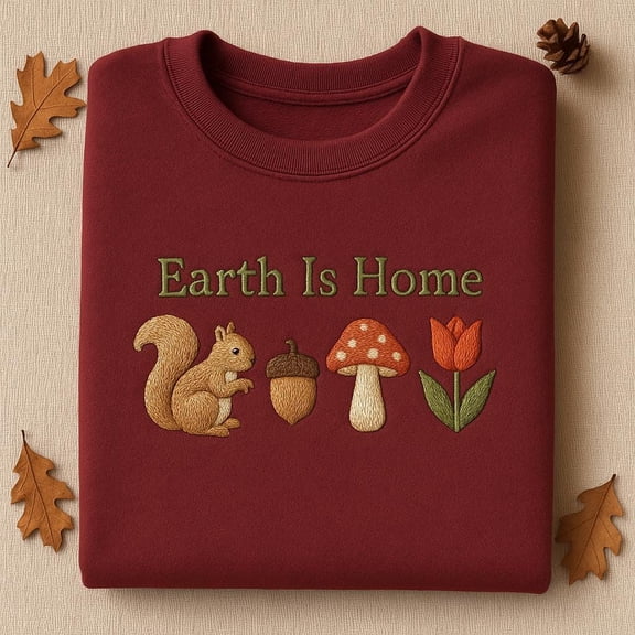 Earth Is Home Embroidered Sweatshirt, Squirrel Mushroom Tulip Nature Crewneck, Environmental Gift, Cottagecore Jumper