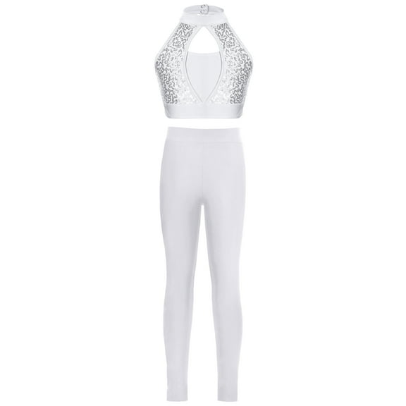 TTAO Girls 2 Piece Dance Outfits Sequins Crop Top with Leggings Pants Set for Gymnastics Practice Activewear White 10