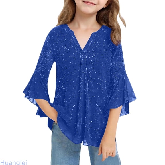 Huanglei Girls Loose Fit Blouse With Thread Mesh Collar And Petal Sleeves Casual Long Sleeve For Toddler And Girls Short/Long Sleeve T-Shirts ,3-4 years ,Blue