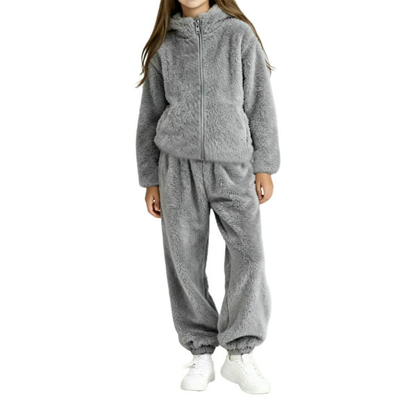 IVEYRTF Girls Solid Color Plush Two-Piece Set Stand Collar Fleece-Lined Warm Fall Winter Casual Comfortable Fit Homewear Cozy Outfit(Gray,1-2 Years)